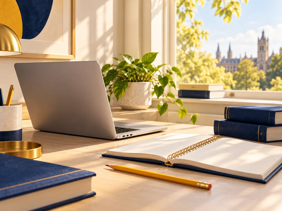 Illustration of a sunlit study desk with a laptop, research books and notebook