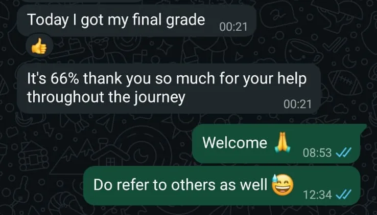 WhatsApp chat: the client says they got their final grade and that it is 66%, and thanks the tutor for the help.