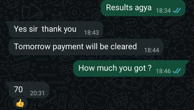 WhatsApp chat: the client says thank you, then answers 70 when asked how much they got.
